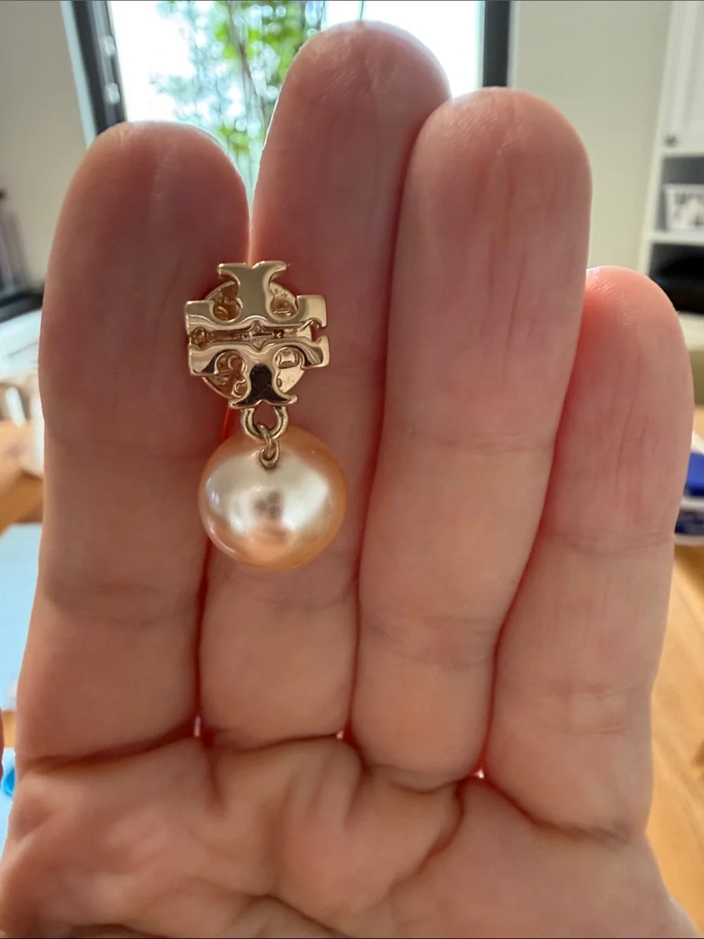 Tory Burch Gold-Tone Logo Pearl Drop Earrings - Cream